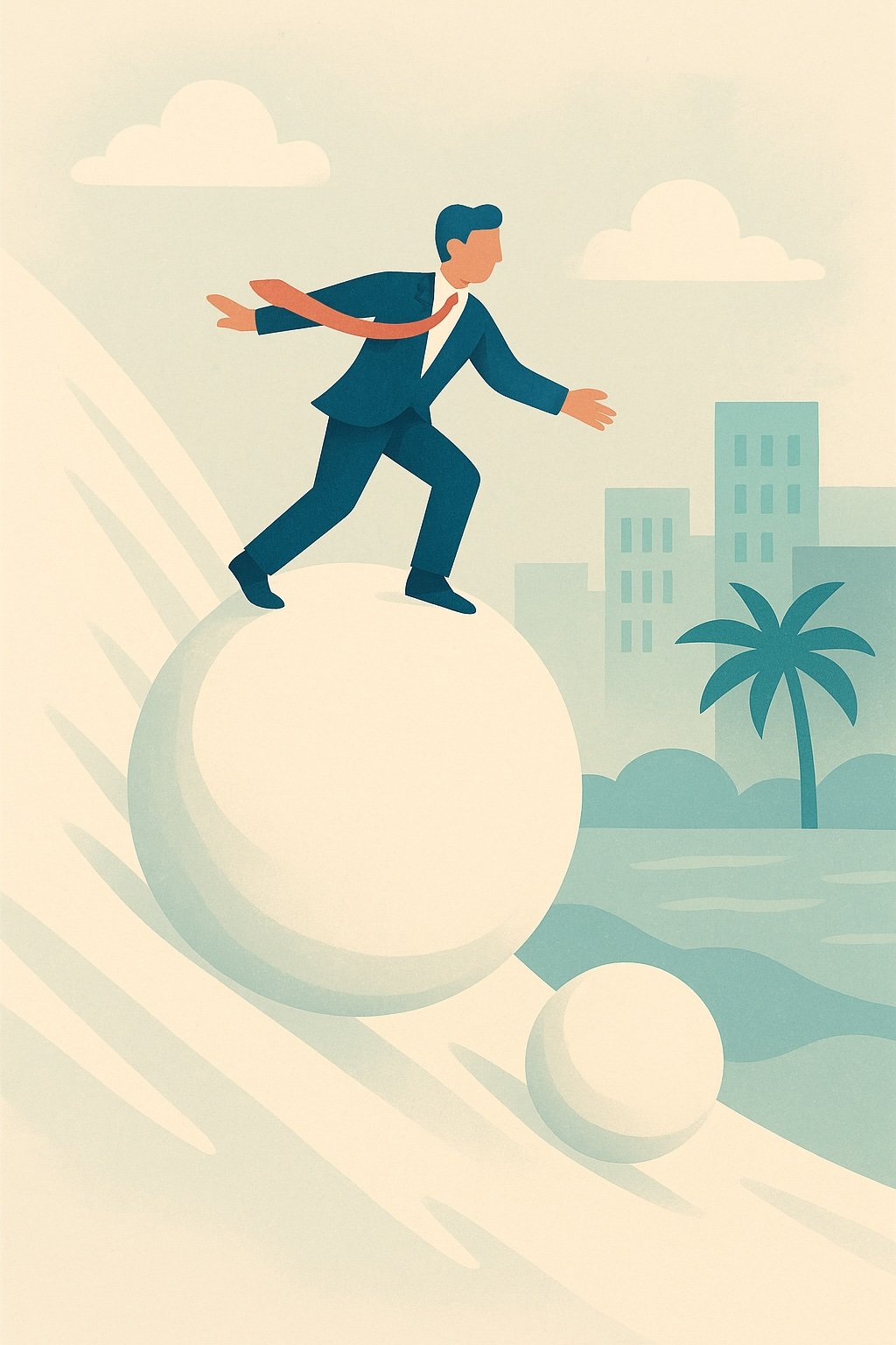A businessman riding a snowball down a hill, about to eat (acquire) another smaller snowball